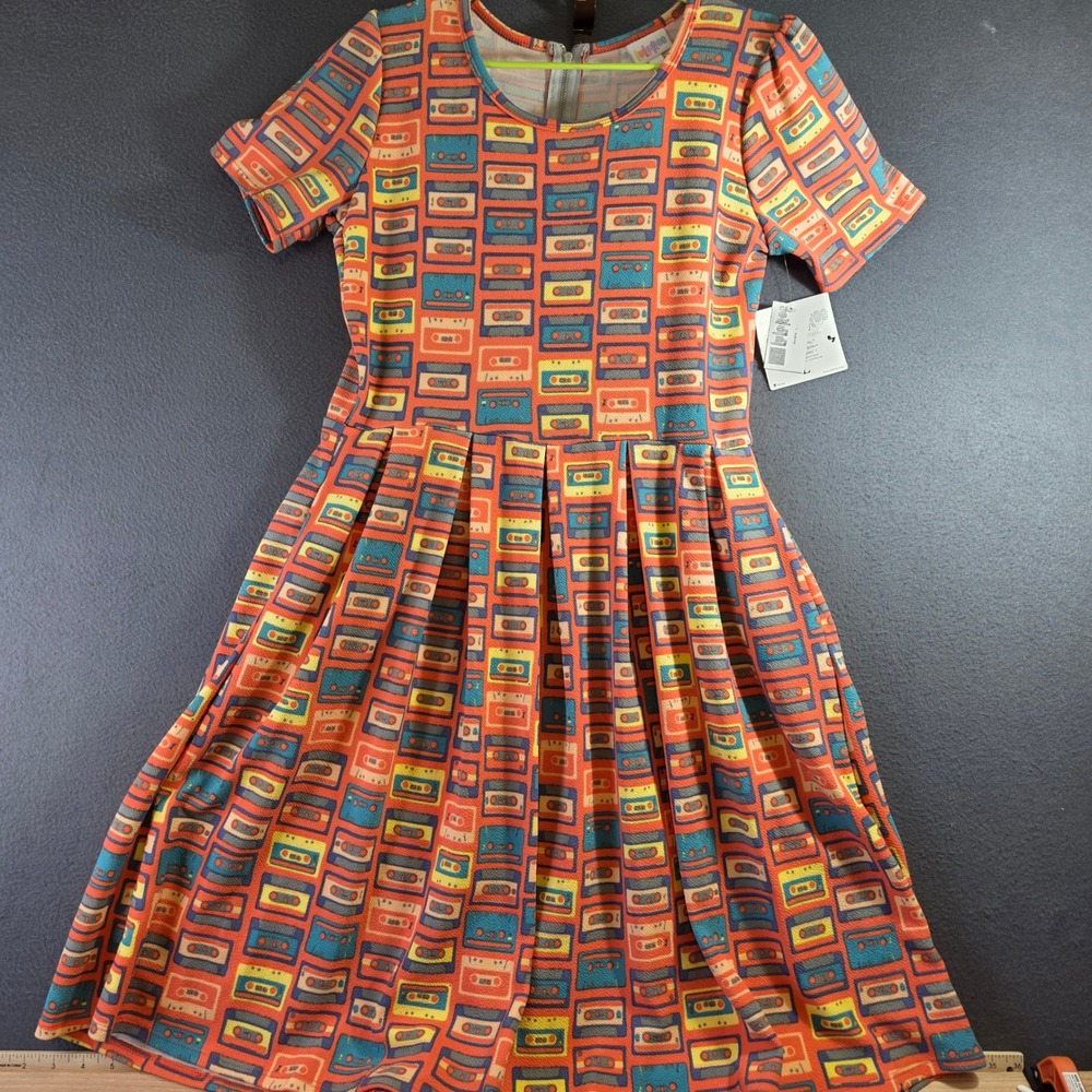 LuLaRoe Amelia Dress Cassette Tape Retro Print Orange Pink Blue Large NWT